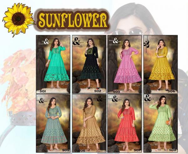 Golden Sunflower Rayon Wear Long Anarkali Kurti Collection